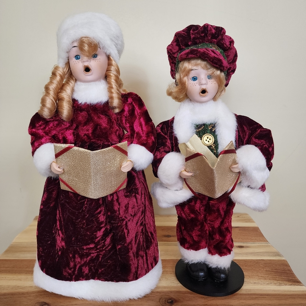 Red Velvet Velour Victorian Girl and Boy Christmas Caroler Set Christmas Decor